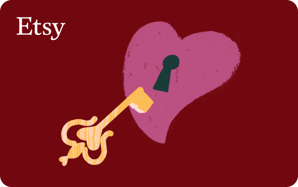 Illustration représentant un grand cœur violet comportant une serrure noire. Une clé dorée aux détails complexes est insérée dans la serrure. La scène est présentée sur un fond rouge foncé, avec un logo Etsy en caractères blancs dans le coin en haut à gauche.